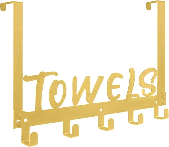 Over The Door Hook, Towel Hook for Bathroom, Towel Hanger Door Rack with 5 Coat Hooks, Over The Door Hanger Towel Rack for Bathroom, Bedroom Towels Coats(Gold)