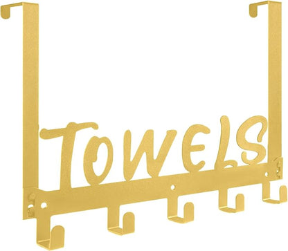 Over The Door Hook, Towel Hook for Bathroom, Towel Hanger Door Rack with 5 Coat Hooks, Over The Door Hanger Towel Rack for Bathroom, Bedroom Towels Coats(Gold)