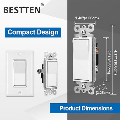 BESTTEN 100 Pack Single Pole Decorator Wall Light Switch with Wall Plate, 15A 120/277V, On/Off Rocker Paddle Interrupter for LED and Other Lamps, UL Listed, White