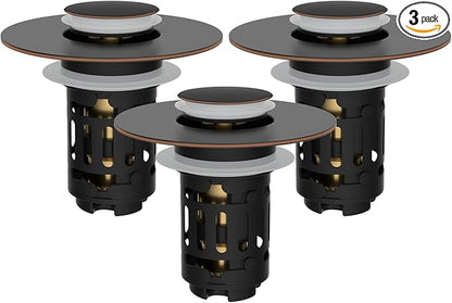 Hibbent 3 Pack Upgraded 3 in 1 Bathroom Sink Drain Strainer, Universal Pop Up Stopper with Removable Stainless Steel Filter Basket Hair Catcher, Sink Plug for 1.1''~2.36'' Basin, Oil-Rubbed Bronze