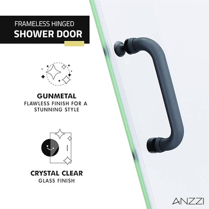 ANZZI 72" x 30" Frameless Shower Door in Gun Metal Black, Passion Water Repellent Glass Shower Door with Seal Strip Parts and Handle, 3/8 Glass Hinged Shower Door with Handle (SD-AZ09-02GB)