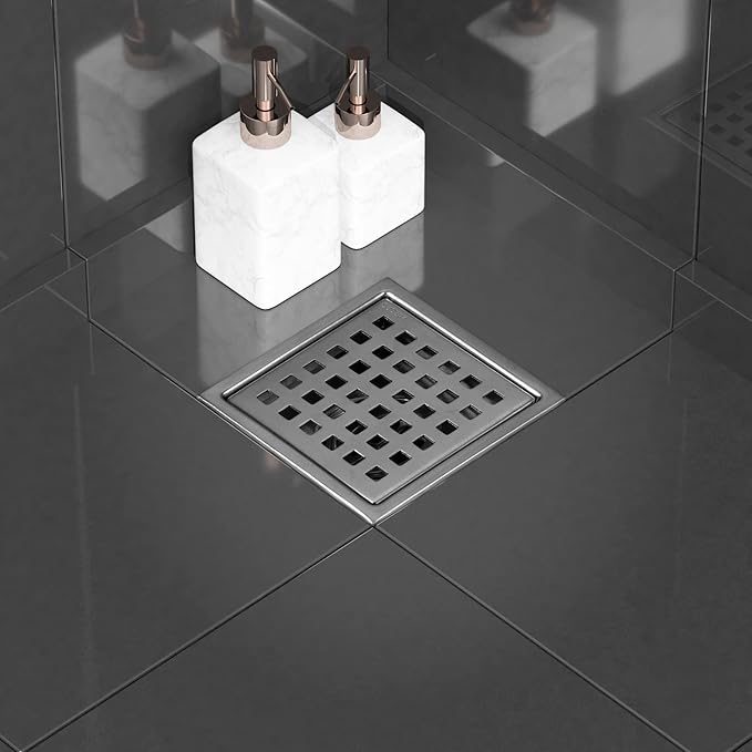 6 Inch Square Shower Floor Drain, Stainless Steel Flange with Removable Grid Cover Hair Strainer, Brushed Nickel