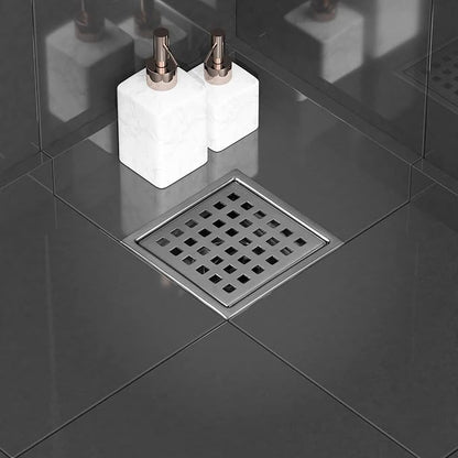 6 Inch Square Shower Floor Drain, Stainless Steel Flange with Removable Grid Cover Hair Strainer, Brushed Nickel