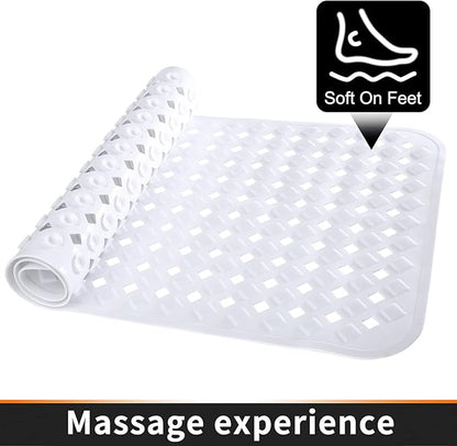 Yimobra Non Slip Bath Mat, Super Strong Suction Cups,34.5"x15.5"Long Tub Mat with Drain Holes, Machine Washable Fast Draining Shower Mats, Bathroom Essentials,White