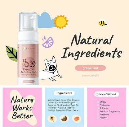 kin+kind Waterless Dry Shampoo for Dogs - Rinse-Free, Eliminate Itch and Odor, Natural Formula with Witch Hazel, Coconut Oil, Olive Oil and Grapefruit - Made in USA