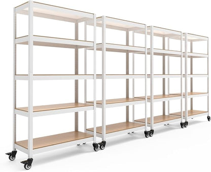 HOMEDANT House 5-Tier Metal Rolling Cart Shelf Rack Casters Heavy Duty Laminated Wheel Shelving Unit Adjustable Utility Storage Shelves Organizer Shelf Kitchen Garage (4, (M) 36.2" W, White)