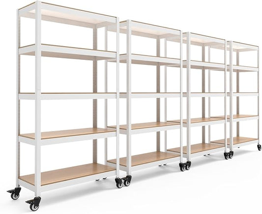 HOMEDANT House 5-Tier Metal Rolling Cart Shelf Rack Casters Heavy Duty Laminated Wheel Shelving Unit Adjustable Utility Storage Shelves Organizer Shelf Kitchen Garage (4, (M) 36.2" W, White)