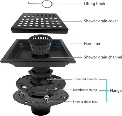 4 Inch Square Shower Drain with Flange, Removeable Grate SUS 304 Stainless Steel Shower Drain with Hair Catcher (Matte Black, 4 Inch)