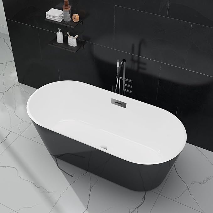 59 in Acrylic Freestanding Bathtub, Contemporary Stand Alone Tub,Black Soaking Tub, Oval Bathtub with Chrome Overflow and Drain, CUPC Certified
