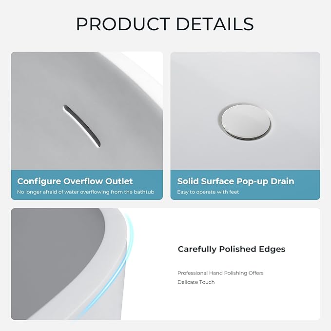 Upgraded 65" Solid Surface Freestanding Bathtub, Oval Stone Resin Tub with Overflow and Pop-up Drain, Matte White