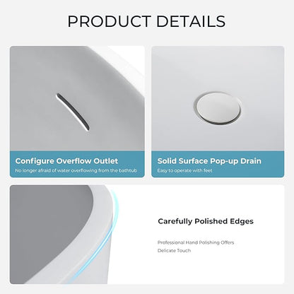55" Premium Solid Surface Freestanding Bathtub, Upgraded Oval Stone Resin Tub with Overflow and Pop-up Drain, Matte White