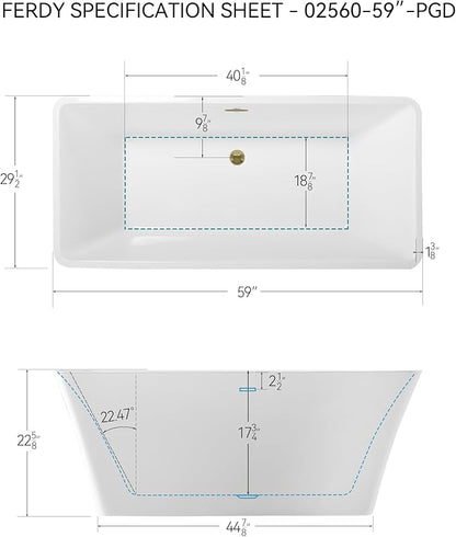 FerdY Sentosa 59" Acrylic Freestanding Bathtub, Contemporary Design Soaking Tub with Polished Gold Drain and Minimalist Linear Design Overflow, Easy to Install