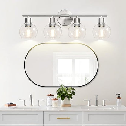 4-Light Bathroom Light Fixtures, Brushed Nickel Modern Vanity Lights Over Mirror with Clear Glass Globe Shade, Bathroom Wall Sconces for Mirror Kitchen Living Room Hallway Cabinet Bedroom Porch