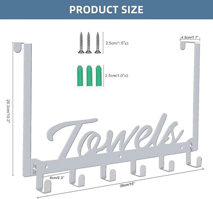 Over The Door Hooks, Towel Rack for Bathroom Towel Holder for Hanging Heavy Duty, Wall Mount Towel Hanger with 6 Hooks for Bedroom Bathroom Kitchen Towels, Bag, Coats, Hats - Silver