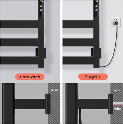 Towel Warmer,Stainless Steel Towel Warmer Rack for Bathroom -6 Bars Wall Mounted Towel Heater with Intelligent Touch Screen Timer, Hard Wired/Plug-in, Black