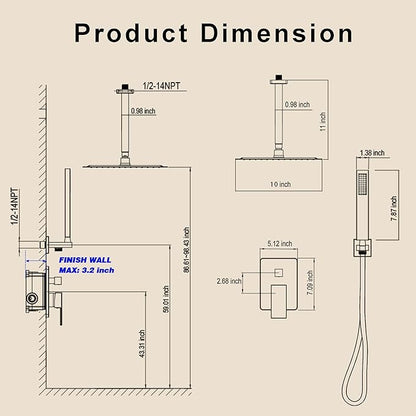 Ceiling Mount Shower Faucet Set, Shower System with 10-Inch Rain Showerhead and Handheld Spray Combo, High-Pressure Showerheads Set with Valve and Trim Kit, Brushed Nickel
