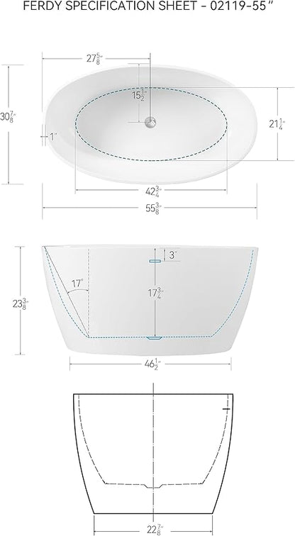 FerdY Tahiti 55" Acrylic Freestanding Bathtub, Elegant Oval Shape Soaking Bathtub, Glossy White, Chrome Drain & Integrated Slotted Overflow Assembly Included cUPC Certified