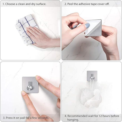 Adhesive Hooks Heavy Duty Wall Hooks Waterproof Stainless Steel Hooks for Hanging Coat, Hat,Towel Robe Hook Rack Wall Mount- Bathroom and Bedroom