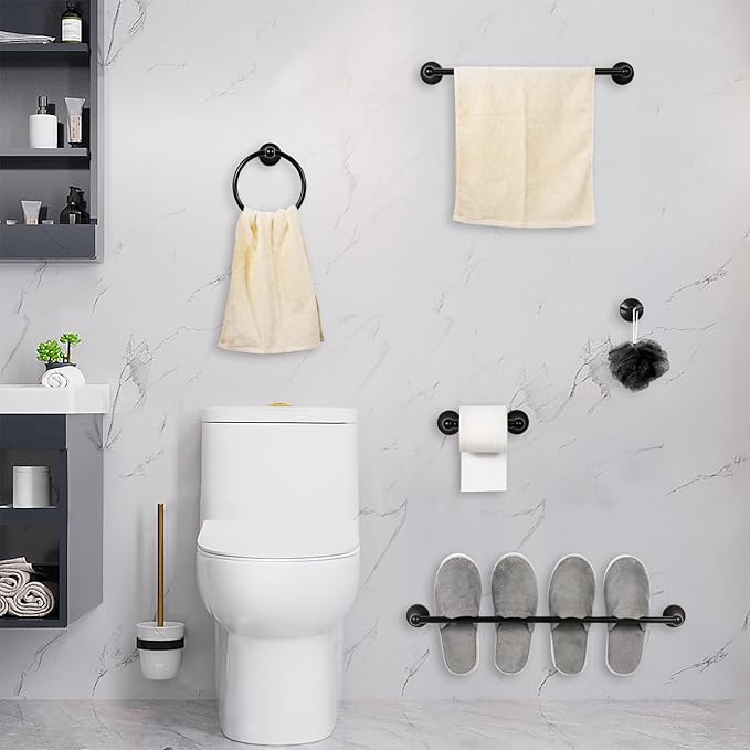 Bathroom Accessory Set,Matte Black Adjustable Expandable Towel Bar 4-Piece Bathroom Hardware Set Durable 24 inch Towel Rack Set Wall Mounted