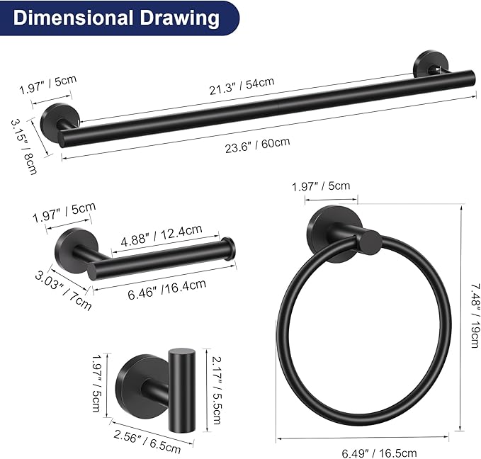 Lairuier Matte Black Bathroom Hardware Set, 10-Piece Towel Bar Set SUS304 Stainless Steel Bathroom Hardware Accessories Set Round Towel Holder Set Wall Mounted