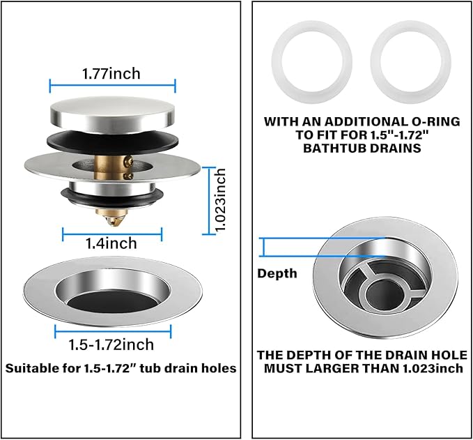 Bathtub Drain Stopper, Tub Stopper/Bathtub Plug for Tip Toe/Trip Lever/Lift&Turn Tub Drains, Bath Tub Drain Stoppers Designed for 1.5"-1.72" Drain Hole w/3 O-Rings,Chrome Plated