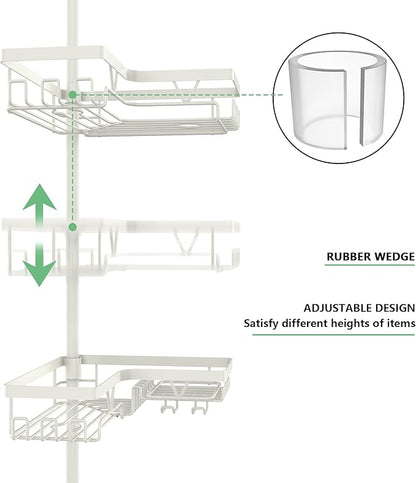 Corner Shower Caddy Tension Pole, 4-Tier Adjustable Corner Shower Caddy with Soap Dish & Razor Holder, Stainless Steel Tension Pole Shelf Fits Bathtub & Floor 25-114.2 inches(Off-white)
