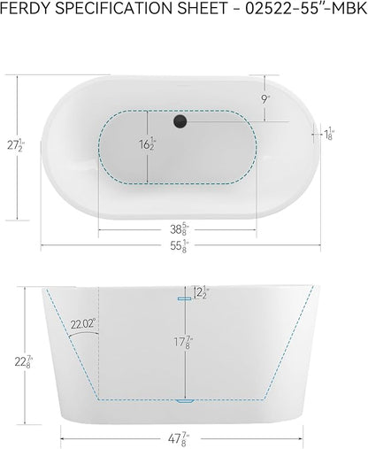 FerdY Shangri-La 55" Acrylic Freestanding Bathtub, Ergonomic Lightweight Classic Oval Soaking Bathtub with Matte Black Drain, Minimalist Linear Design Overflow, Modern White