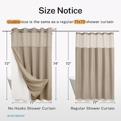 River Dream Heavyweight No Hooks Required Dotted Waffle Weave Shower Curtain with Snap in Liner - 71W x 74H,Hotel Grade,Spa Like Bath Curtain,Linen