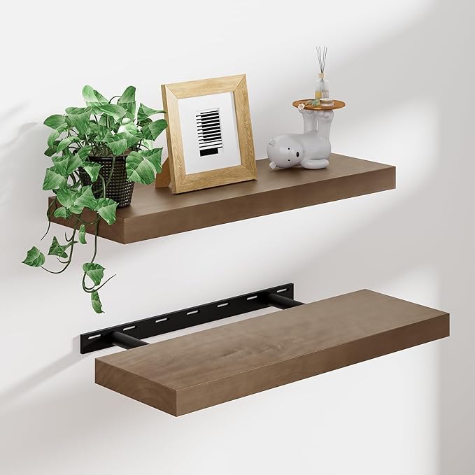 Heimlove 24 inch Floating Shelves for Wall,2 Packs Natural Pine Solid Wood Floating Shelves, 8 inches Deep Wooden Shelves for Kitchen Bedroom Office & Living Room Display Wall Decor