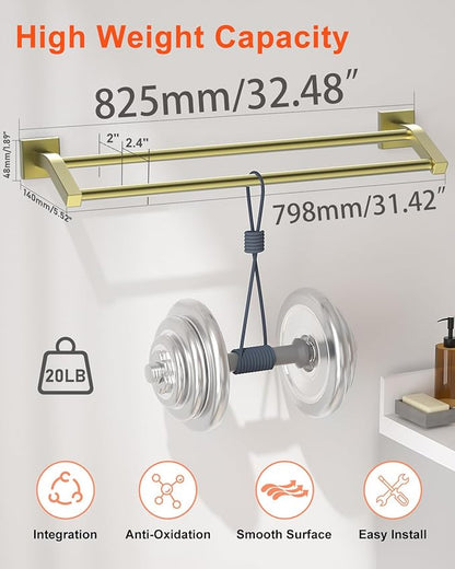Alise Bath Double Towel Bars Towel Racks for Bathroom,Wall Mount Towel Holder Heavy Duty SUS304 Stainless Steel Towel Hanger Rail,Gold Finish 32-Inch