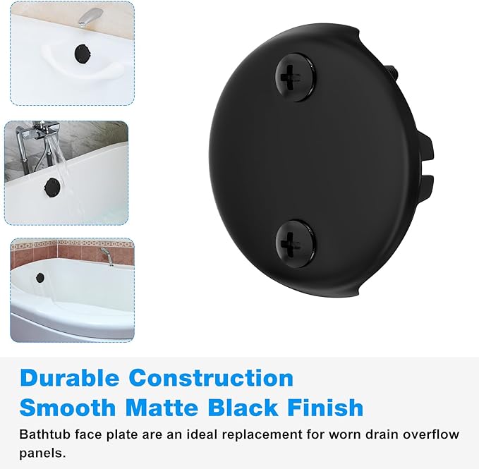 Tub Drain Overflow Cover Black- 3-1/8" Two Hole Bathtub Drain Overflow Cover with Screw Fits Most Standard Bath Tub Drains (Two Hole Bathtub Drains Cover)