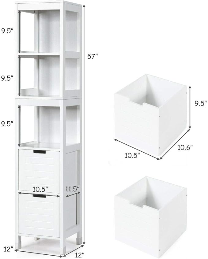 Tangkula Tall Bathroom Storage Cabinet, Freestanding 57" H Tall Slim Bathroom Floor Cabinet with 3 Tier Open Shelves and 2 Drawers, Multifunction Organizer Wooden Tower (White)