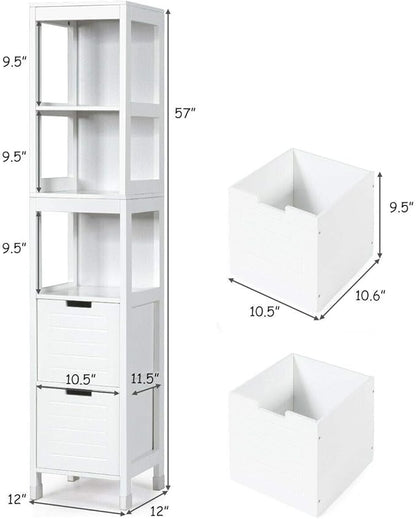 Tangkula Tall Bathroom Storage Cabinet, Freestanding 57" H Tall Slim Bathroom Floor Cabinet with 3 Tier Open Shelves and 2 Drawers, Multifunction Organizer Wooden Tower (White)
