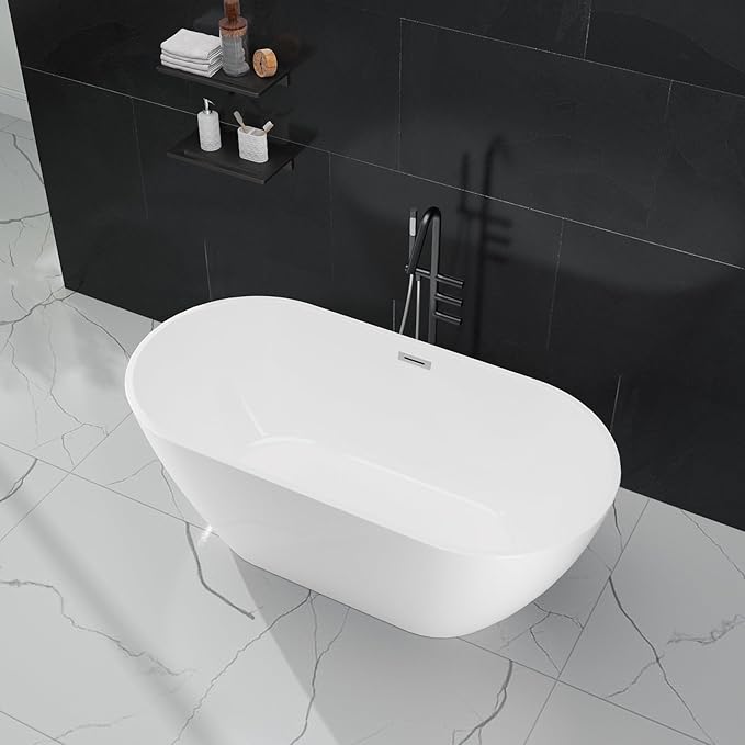 67 Inch Acrylic Freestanding Bathtub, Acrylic Soaking Bathtub with Matte Drain and Overflow, Deep Ergonomic Tub with Double-Walled Insulation, CUPC Certified, Modern Square Design