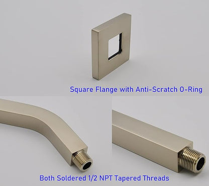Aquaiaw Square Shower Arm and Anti-Scratch O-Ring Flange, 6 inch, Solid Brass, Both Soldered 1/2 NPT Tapered Threads, Shower Head Arm, Wall Mount Shower Extension Arm (PVD Brushed Nickel)