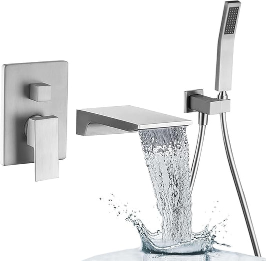 Wall Mount Tub Filler Faucet with Waterfall Tub Spout Waterfall Bathtub Faucet with Handheld Shower Modern Tub Filler Faucet Single Handle, Brushed Nickel