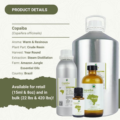 Copaiba Essential Oil - Direct from Amazon Jungle Essential Oils Brazil - Steam Distilled - Aceite de Copaiba for Aromatherapy, Massage, Diffuser, DIY Candle and Soap Making - 22lbs