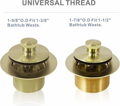 Gold Brushed tub Drain Lift &Turn Tub Trim Set with Two-Hole Overflow Faceplate Conversion Kit Assembly, Hidrop Bathtub Drain Replacement Trim Kit and Universal Fine/Coarse Thread, Gold Brushed