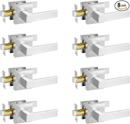 Square Passage Door Lever, Heavy Duty Interior Door Handles for Hallway& Closet Non-Locking Door Knob in Satin Nickel Keyless Door Lockset for Right & Left Side Door, 8 Pack