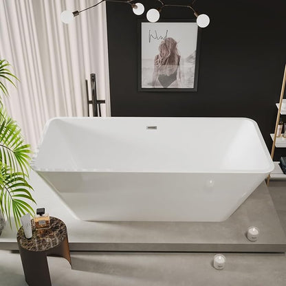 66'' Acrylic Freestanding Bathtub, Deep Soaking Tub with Non-Slip Base, cUPC Certified Free Standing Tub, Chrome Drain Bath Tub, Modern Tub for Bathrooms, White