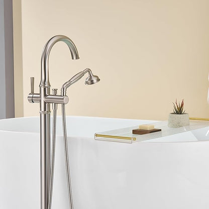 Freestanding Tub Faucet Floor Mount Tub Filler Brushed Nickel Free Standing Bathtub Faucet Brass Bath Faucet with Hand Shower