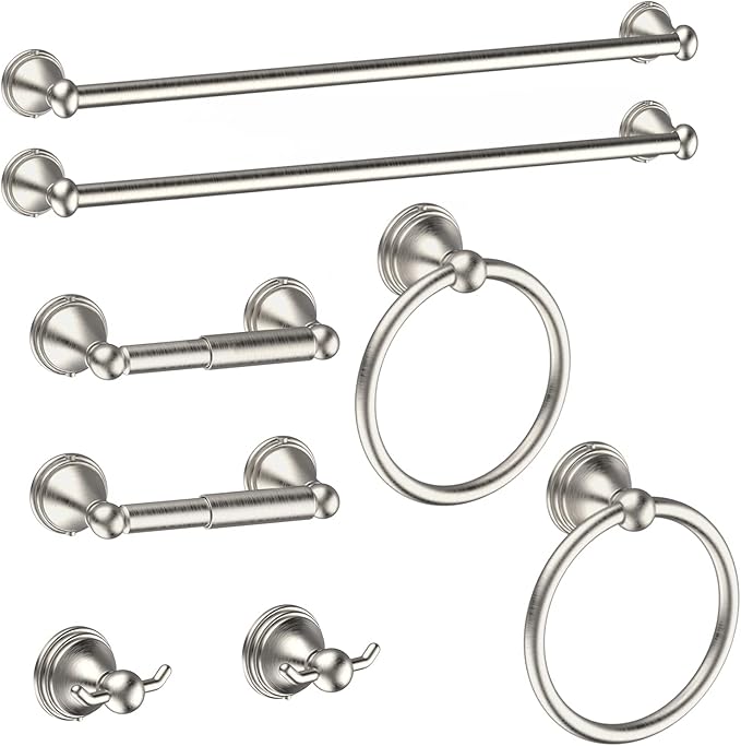 Newfun 8-Pieces Brushed Nickel Bathroom Accessories Set Towel Racks for Bathroom - Bathroom Hardware Set,2 * 24 Inch Towel Bar for Bathroom 2*Toilet Paper Holder 2* Towel Ring Towel Holders 2* Hook
