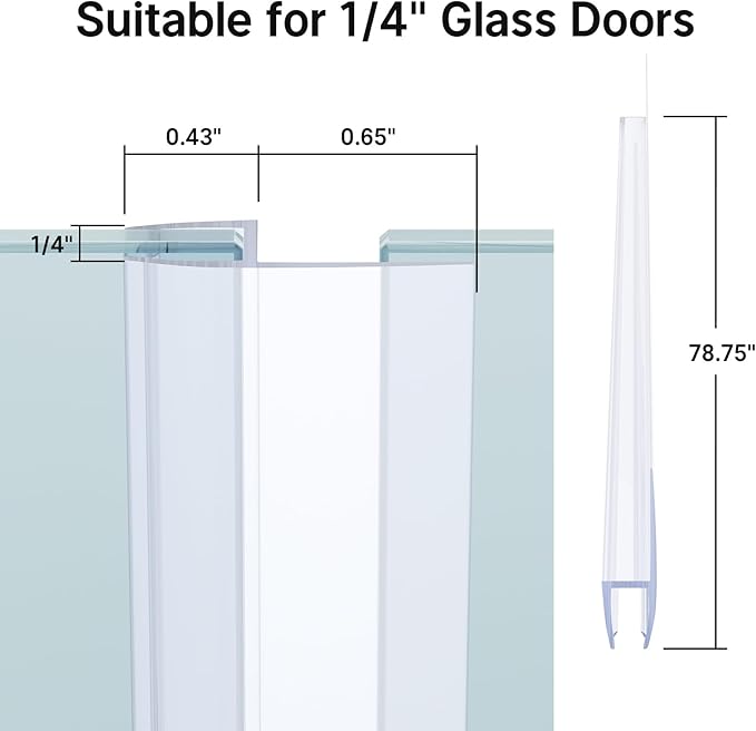 AmazerBath Shower Door Side Seal Strip (Set of 2), Frameless Glass Shower Door Seal Strip - Suitable for 1/4 Inch Glass, 78 inch
