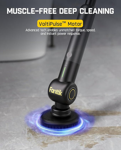 Fanttik Flip G9 Pro Electric Scrubber, VoltiPulse Motor, Dual-Speed Cleaner with 6 Brush Heads, Adjustable Angle & Extendable Handle, IPX7 Waterproof, Type-C Charge for Bathroom, Tile, Grout - Black