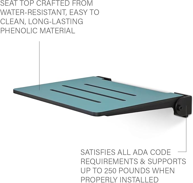 18 inch Silhouette Slimline Folding Wall Mount Shower Bench Seat, Teal Seat with Matte Black Frame