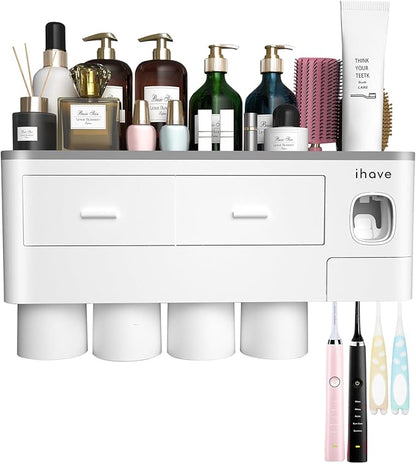 iHave Toothbrush Holders for Bathrooms, 4 Cups Toothbrush Holder Wall Mounted with Toothpaste Dispenser - Large Capacity Tray, 2 Cosmetic Drawer - Bathroom Organizer & Bathroom Accessories Set