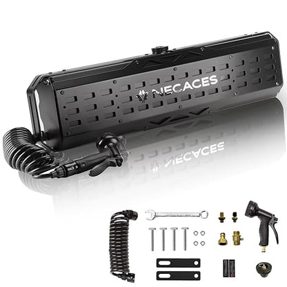 4.5Gallon Pressurized Water Tank,Portable Aluminum Camping Shower Water Storage with Spray Hose for Outdoor Activities Water Supply.Side Mounted on The Gantry of a Pickup Truck.