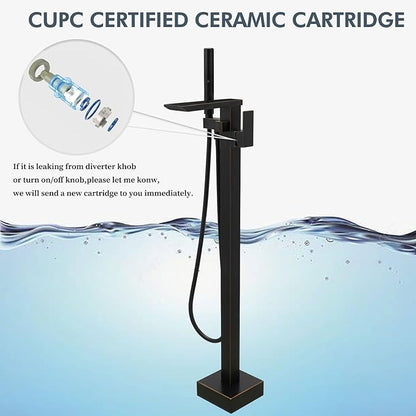 RUMOSE Oil Rubbed Bronze Bathtub Filler Freestanding Tub Filler Floor Mount Tub Faucet Waterfall Bathtub Faucet with CUPC Certified High Flow Brass Bath Shower Faucets with Handheld Sprayer