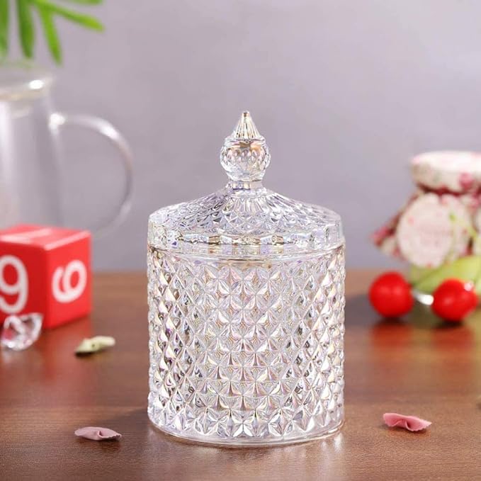 Colorful Home Decorative Jar Qtips Holder Dispenser Glass Storage Container Bathroom Counter Vanity Organizer for Bath Salts/Swabs/Rounds Makeup Sponges Toothpick Jewelry(Sparkling, 10 oz)