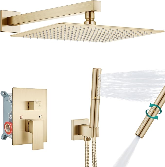Aolemi Shower Faucet Set, High Pressure Shower System with 2-in-1 Handheld Sprayer, Wall Mount Fixture Combo with Rough-in Valve, 16 Inch Shower Head, Brushed Gold